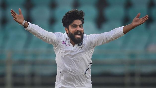 India's Ravindra Jadeja appeals successfully for the wicket of South Africa's Dean Elgar on the fourth day of the first cricket test match.(PTI)