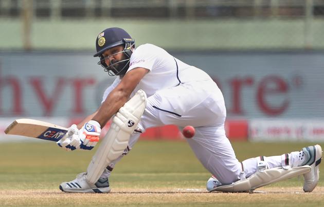 India's Rohit Sharma plays a shot on the fourth day of the first cricket test match against South Africa, at Dr YS Rajasekhara Reddy ACA-VDCA Cricket Stadium, in Visakhapatnam. (PTI)