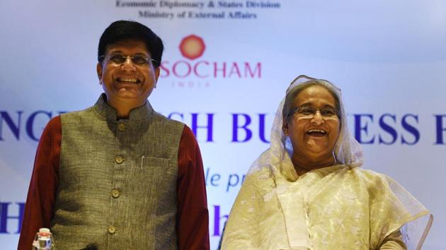 Bangladesh Prime Minister Sheikh Hasina with Minister of Railways and Commerce Piyush Goyal during an India -Bangladesh Business Forum meeting, at Hotel ITC Maurya, in New Delhi, India, on Friday, October 04, 2019.(Vipin Kumar/HT PHOTO)