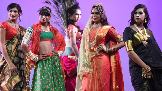 Contestants walk the ramp in ethnic attire during the pageant. The event was inaugurated by Delhi Social Welfare Minister Rajendra Pal Gautam. “The Constitution has given everyone equal rights and privileges, and society has to change the way it looks up to them,” Gautam said in the statement. (Raj K Raj / HT Photo)