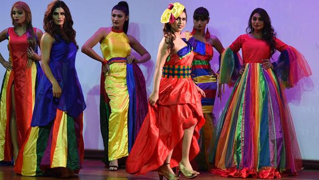 Contestants walk the ramp during another round at the show. Speaking at the event, Reena Rai, founder of Deepa Ardnareshwar Empowerment Foundation, said,” In our society, tranwomen suffer lot of humiliation. We give them this platform so that they can climb the rope of success and build their confidence. This is a stepping stone to the glamour industry as the winners also represent the country on an international platform like Miss International Queen” (Raj K Raj / HT Photo)