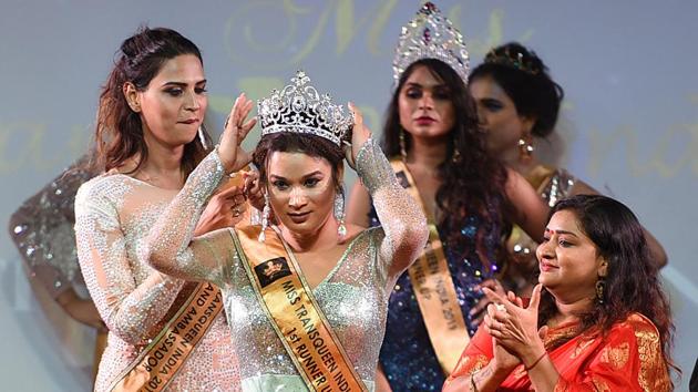 Shelly Rai from Chhattisgarh is crowned after she was adjudged the first runner-up. The second runner-up of the contest was Bonita from Jodhpur. The pageant witnessed the participation of transwomen from all over India, from cities like Mumbai, Chhattisgarh, New Delhi, Bangalore, Udaipur, Kolkata, Chennai, among others. (Raj K Raj / HT Photo)