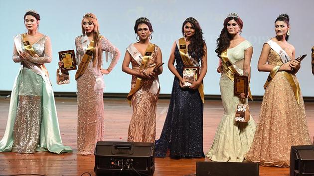 The winners of the contest. Some of the prominent winners of Miss Trans Queen India who have represented India in international platforms include Naaz Joshi who bagged the title of ‘Miss World Diversity 2019.’ Navya Singh was the show-stopper in the show of acclaimed fashion designer Wendell Rodricks. Namita Ammu, a winner in last year’s show, will make her acting debut in Tamil cinema this month. (Raj K Raj / HT Photo)
