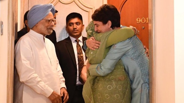 Bangladesh Prime Minister Sheikh Hasina hugging Congress leader Priyanka Gandhi Vadra during their meeting on Sunday. (@priyankagandhi/Twitter) Bangladesh Prime Minister Sheikh Hasina hugging Congress leader Priyanka Gandhi Vadra during their meeting on Sunday. (@priyankagandhi/Twitter)