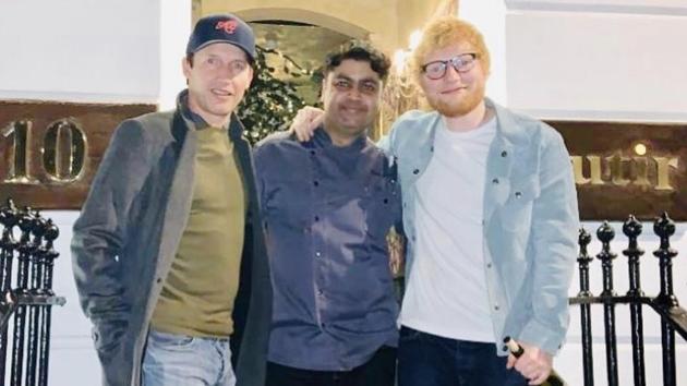 (From left) James Blunt, chef Rohit Ghai and Ed Sheeran at Kutir, London. (From left) James Blunt, chef Rohit Ghai and Ed Sheeran at Kutir, London.