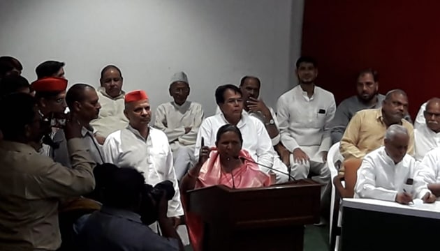 Rukamani Devi Nishad joining the Samajwadi Party in Lucknow on Sunday.(HT PHOTO)