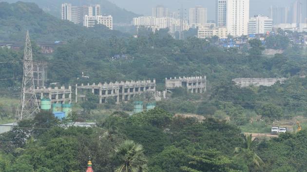 Aeriel view of the Mumbai Metro-3 car shed site at Aarey. The Mumbai Metro Rail Corporation Ltd (MMRCL) started hacking trees from Friday night to make way for a car shed, hours after the Bombay High Court dismissed four petitions filed by NGOs and activists challenging the decision to fell trees in the green lung of the city spread over 3,000 acres. (Pramod Thakur / HT Photo)