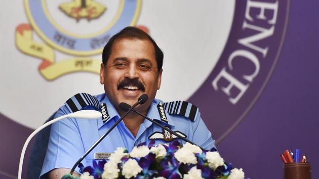 Chief of the Air Staff, Air Chief Marshal Rakesh Kumar Singh Bhadauria addresses his first press conference ahead of the 87th Air Force Day celebrations, in New Delhi. (Ajay Aggarwal / HT Photo)