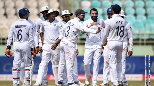 Mohammed Shami celebrates with teammates after winning Test match against South Africa.(PTI)