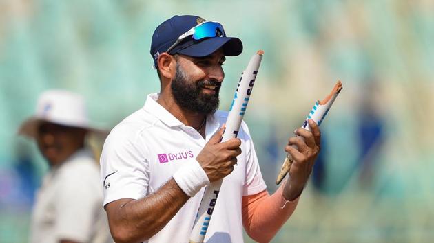 India's Mohammed Shami holds a stump broken by him after winning over South Africa(PTI)