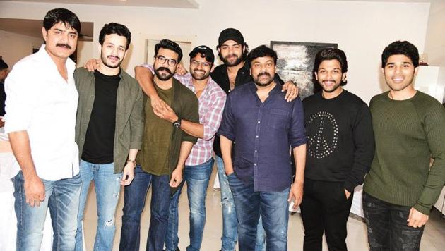 Chiranjeevi with son Ram Charan and nephews Allu Arjun and Varun Tej. Also seen in the picture is Nagarjuna’s younger son Akhil.