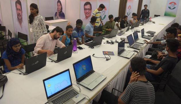 Mumbai, India - Oct. 6, 2019:Mumbai Congress party War room at Tilak Bhavan Dadar in Mumbai, India, on Sunday, October 6, 2019. (Photo by Vijayanand Gupta/Hindustan Times) (Vijayanand Gupta/HT Photo) Mumbai, India - Oct. 6, 2019:Mumbai Congress party War room at Tilak Bhavan Dadar in Mumbai, India, on Sunday, October 6, 2019. (Photo by Vijayanand Gupta/Hindustan Times) (Vijayanand Gupta/HT Photo)