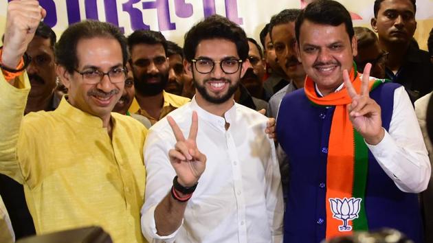 Shiv Sena chief Uddhav Thackarey, his son Aditya Thackarey and Maharashtra CM Devendra Fadnavis at a press conference to announce Sena-BJP poll alliance for assembly polls, Friday, October 4, 2019. (HT Photo) Shiv Sena chief Uddhav Thackarey, his son Aditya Thackarey and Maharashtra CM Devendra Fadnavis at a press conference to announce Sena-BJP poll alliance for assembly polls, Friday, October 4, 2019. (HT Photo)