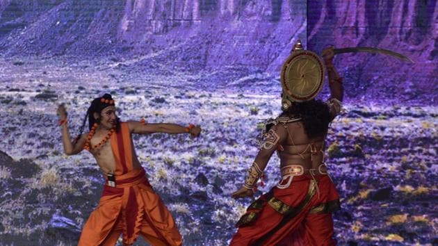 Artists perform a Ramlila during a Dussehra celebrations at Dwarka Shri Ramlila, in New Delhi. Ramlila is a dramatic folk-enactment of lord Rama’s life according to the Hindu epic Ramayana. (Sanjeev Verma / HT Photo)