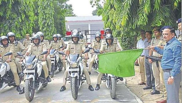 The motorcycles were flagged off from the Harsaon police lines on Monday. (HT Photo/ Sakib Ali) The motorcycles were flagged off from the Harsaon police lines on Monday. (HT Photo/ Sakib Ali)