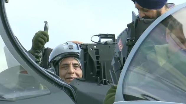 Defence Minister Rajnath Singh on board a Rafale fighter jet in France.(ANI PHOTO.)