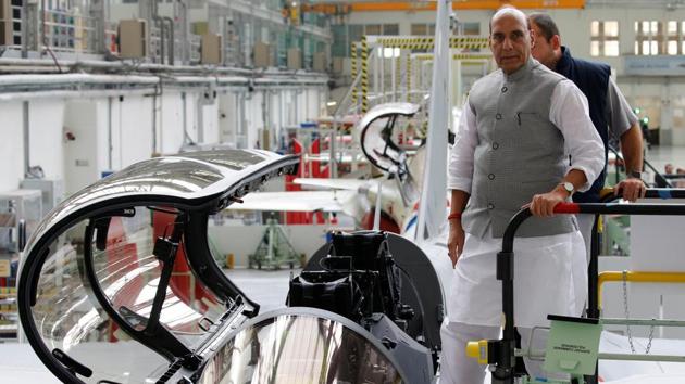 Defence Minister Rajnath Singh visits the assembly line for Indian Air Force Rafale fighter jets before a ceremony at the factory of French aircraft manufacturer Dassault Aviation in Merignac near Bordeaux, France. (Photo: REUTERS)