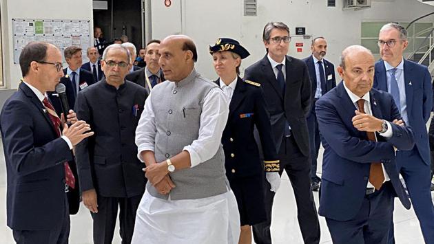 Defence Minister Rajnath Singh during the handover ceremony of the first Rafale combat aircraft in Mérignac on Tuesday. (Photo: ani)