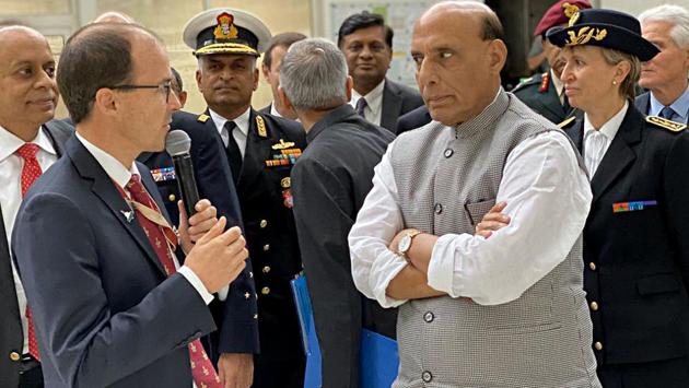 Defence Minister Rajnath Singh during the handover ceremony of the first Rafale combat aircraft in Mérignac on Tuesday. (photo: ani)