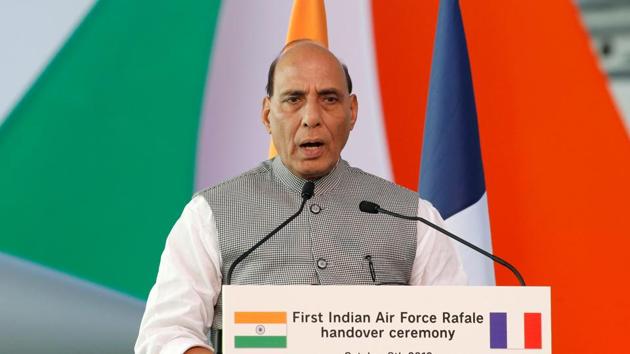 India's Defence Minister Rajnath Singh delivers a speech during a ceremony for the delivery of the first Rafale fighter to the Indian Air Force at the factory of French aircraft manufacturer Dassault Aviation in Merignac near Bordeaux, France. (Photo: REUTERS)