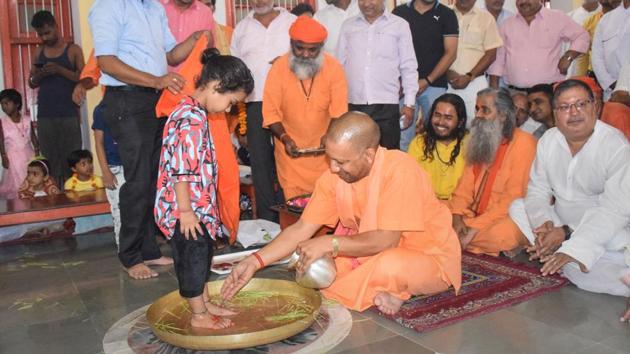 Uttar Pradesh Chief Minister Yogi Adityanath performs 'Kanya Pujan' on 'Navmi', the ninth day of ongoing Durga puja festival, in Gorakhpur, Monday, Oct. 7, 2019. (PTI) Uttar Pradesh Chief Minister Yogi Adityanath performs 'Kanya Pujan' on 'Navmi', the ninth day of ongoing Durga puja festival, in Gorakhpur, Monday, Oct. 7, 2019. (PTI)