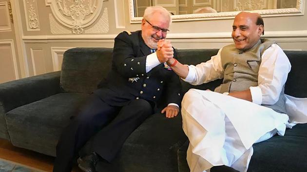 Union Defence Minister Rajnath Singh meets with Defence Advisor to the French President, Admiral Bernard Rogel, in Paris. (Photo: PTI)