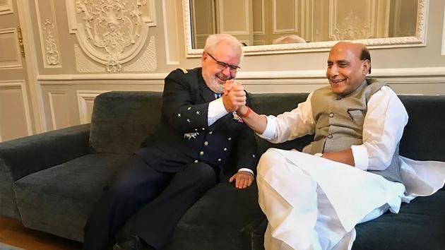 Union Defence Minister Rajnath Singh meets with Defence Advisor to the French President, Admiral Bernard Rogel, in Paris, Tuesday, Oct. 8, 2019. Singh is in France for an official handover ceremony of the first Rafale fighter jet acquired by the Indian Air Force (IAF).(Photo: PTI)