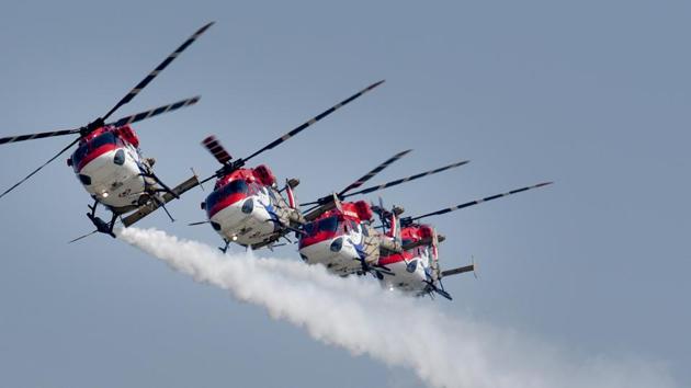 Indian Air Force's Sarang aerobatics team during the full dress rehearsal ahead of the 87th Air Force Day at Hindon air base in Ghaziabad, on Sunday, October 6, 2019.(Ajay Aggarwal/HT PHOTO)