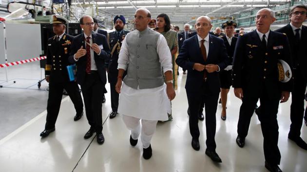 India's Defence Minister Rajnath Singh and Dassault Aviation Chairman and CEO Eric Trappier visit the assembly line for Indian Air Force Rafale fighter jets before a ceremony at the factory of French aircraft manufacturer Dassault Aviation in Merignac near Bordeaux, France. (Photo: reuters)