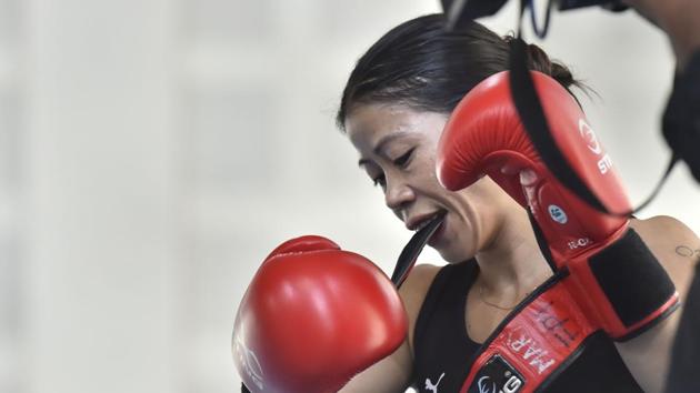 Mary Kom during a practice session at IG Stadium, in New Delhi. (PTI) Mary Kom during a practice session at IG Stadium, in New Delhi. (PTI)