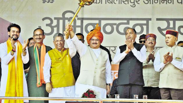 BJP national working president JP Nadda (centre) with chief minister Jai Ram Thakur (right), former chief minister Prem Kumar Dhumal (far right) and BJP state president Satpal Singh Satti (second from left) and minister of state for finance and corporate affairs Anurag Thakur (far left) during the Abhinandan rally in Bilaspur on Monday. (HT PHOTO) BJP national working president JP Nadda (centre) with chief minister Jai Ram Thakur (right), former chief minister Prem Kumar Dhumal (far right) and BJP state president Satpal Singh Satti (second from left) and minister of state for finance and corporate affairs Anurag Thakur (far left) during the Abhinandan rally in Bilaspur on Monday. (HT PHOTO)