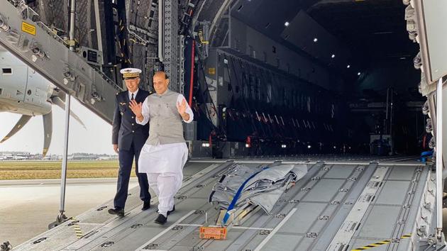 Defense Minister Rajnath Singh on his arrival at Mérignac to attend the induction ceremony of Rafale, in Bordeaux. (Photo: PTI)