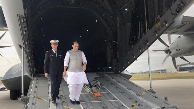 Defense Minister Rajnath Singh on his arrival at Mérignac to attend the induction ceremony of Rafale, in Bordeaux, France. (Photo: PTI)