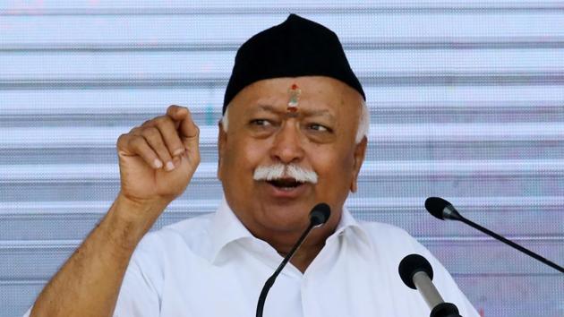 RSS chief Mohan Bhagwat speaks during the Vijayadashmi Utsav 2019 at RSS headquarter in Nagpur, on Tuesday, October 8, 2019.(Sunny Shende/ HT Photo)