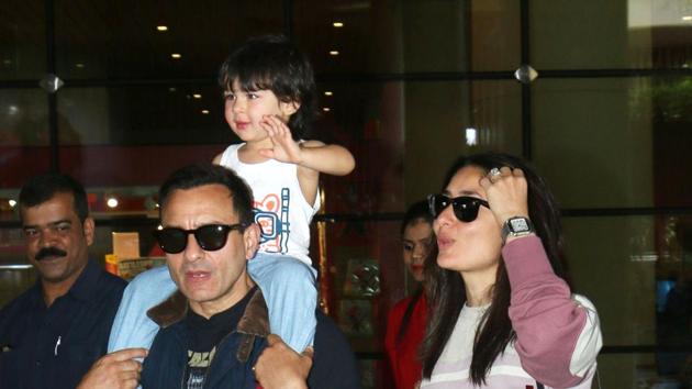 Saif Ali Khan with wife Kareena Kapoor and son Taimur Ali Khan spotted at Chhatrapati Shivaji International Airport in Mumbai on Wednesday.