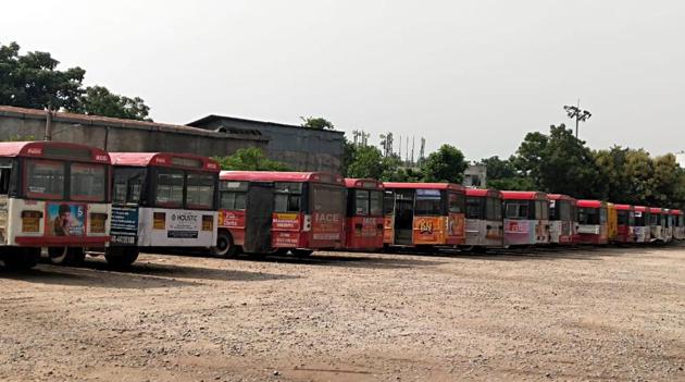 Buses stand at as TSRTC employees are on an indefinite strike demanding fulfilment of various demands including RTC merger with the Government, in Hyderabad.(ANI Photo)