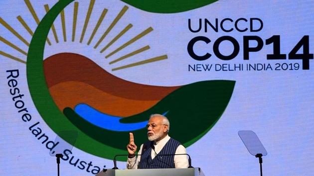 'Prime Minister Narendra Modi at the United Nations Convention to Combat Desertification, Greater Noida, September 9, 2019(AFP)