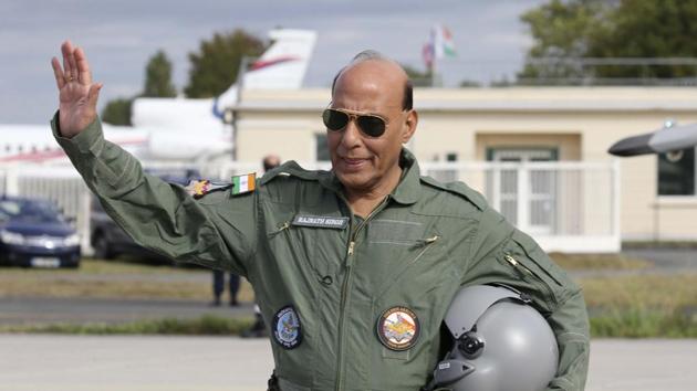 Defence Minister Rajnath Singh gestures before a test flight in a Rafale jet fighter at the Dassault Aviation plant in Merignac, near Bordeaux, southwestern France, Tuesday, Oct. 8, 2019.(AP)