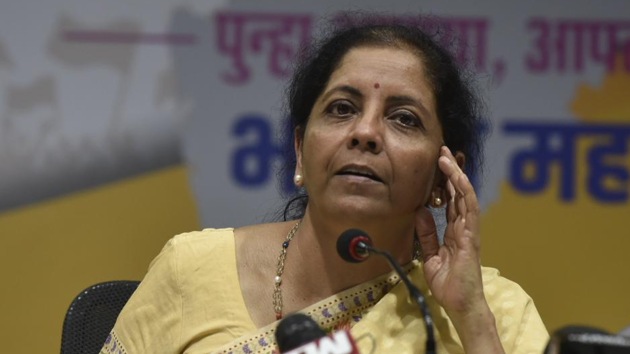 Union finance minister Nirmala Sitharaman at a press briefing in Mumbai, October 10, 2019. (Kunal Patil / HT Photo) Union finance minister Nirmala Sitharaman at a press briefing in Mumbai, October 10, 2019. (Kunal Patil / HT Photo)