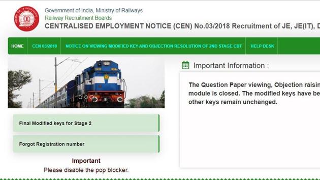 The Railway Recruitment Board has released the final answer key of second stage computer based test (CBT) to recruit junior engineers (JE) (CEN 03/2018).(bhubaneswar.rrbonlinereg.in)