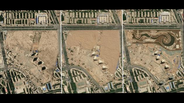 A view of a graveyard in Aksu (L), Xinjiang province on July 2, 2015 where Uighur poet Lutpulla Mutellip was buried and the same view on April 25, 2018 (C) and then again on May 13, 2019 shows a new park called “Happiness Park”. (Handout / AFP)