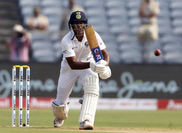 India's Mayank Agarwal bats during the second cricket test match between India and South Africa in Pune. (AP)