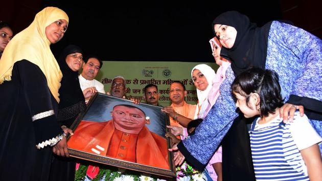 A group of women who were affected by triple talaq presents a portrait to Uttar Pradesh Chief Minister Yogi Adityanath during their felicitation ceremony, at Indira Gandhi Pratishthan, in Lucknow.(File photo by Dheeraj Dhawan/Hindustan Times) A group of women who were affected by triple talaq presents a portrait to Uttar Pradesh Chief Minister Yogi Adityanath during their felicitation ceremony, at Indira Gandhi Pratishthan, in Lucknow.(File photo by Dheeraj Dhawan/Hindustan Times)