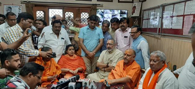 Union minister Giriraj Singh and others addressing the media before launching the population control march in Meerut on Friday. (HT) Union minister Giriraj Singh and others addressing the media before launching the population control march in Meerut on Friday. (HT)