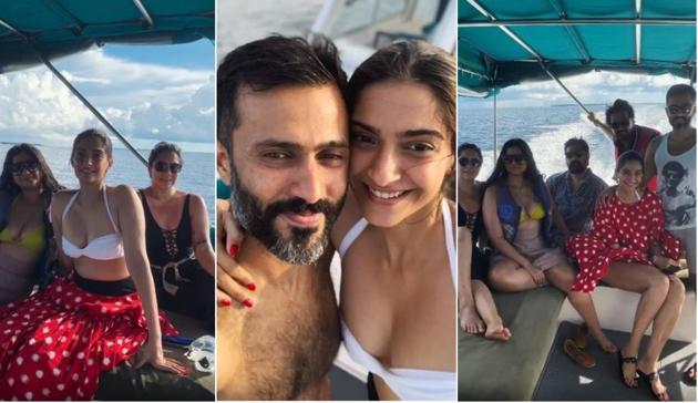 Sonam Kapoor with sister Rhea Kapoor and husband Anand Ahuja during their Maldives vacation.