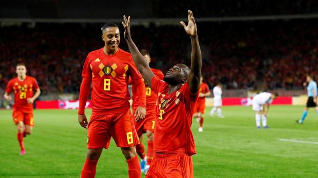 Belgium's Romelu Lukaku celebrates scoring their first goal.(REUTERS)