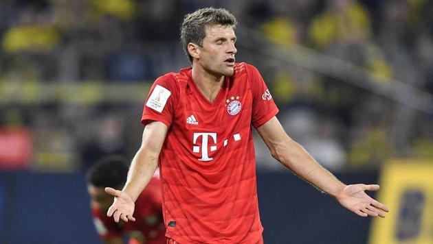 Thomas Mueller reacts during the German Supercup match between Borussia Dortmund and Bayern Munich.(AP)