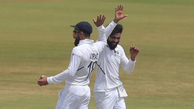Ravindra Jadeja celebrates with captain Virat Kohli during fifth day of first Test against South Africa in Visakhapatnam.(AP)