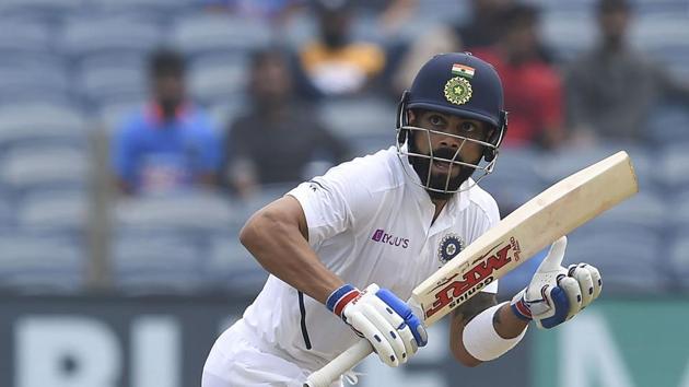 Indian cricket team Captain Virat Kohli plays a shot on the day 2 of second India-South Africa cricket test match, at Maharashtra Cricket Association Stadium in Pune, Friday, Oct. 11, 2019.(PTI)