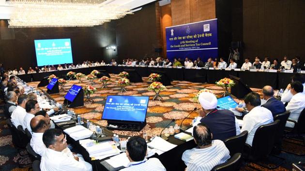 The GST collection in September fell 2.67% to Rs 91,916 crore compared to the same period last year, driven by the ongoing consumption slowdown. In this file picture, officials attend the GST council meeting held in Old Goa on September 2019.(ANI Photo) The GST collection in September fell 2.67% to Rs 91,916 crore compared to the same period last year, driven by the ongoing consumption slowdown. In this file picture, officials attend the GST council meeting held in Old Goa on September 2019.(ANI Photo)